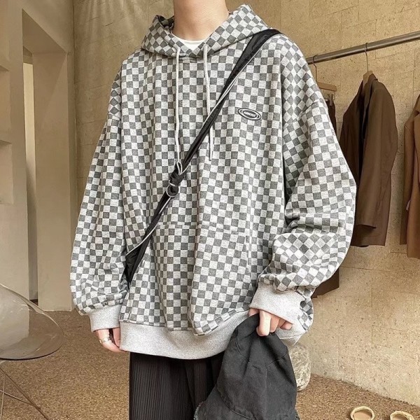 Men Casual Hooded Plaid Loose Long Sleeve Sweatshi...