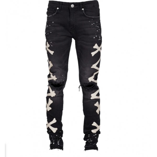 Men Fashion Ripped Print Stretch Denim Jeans