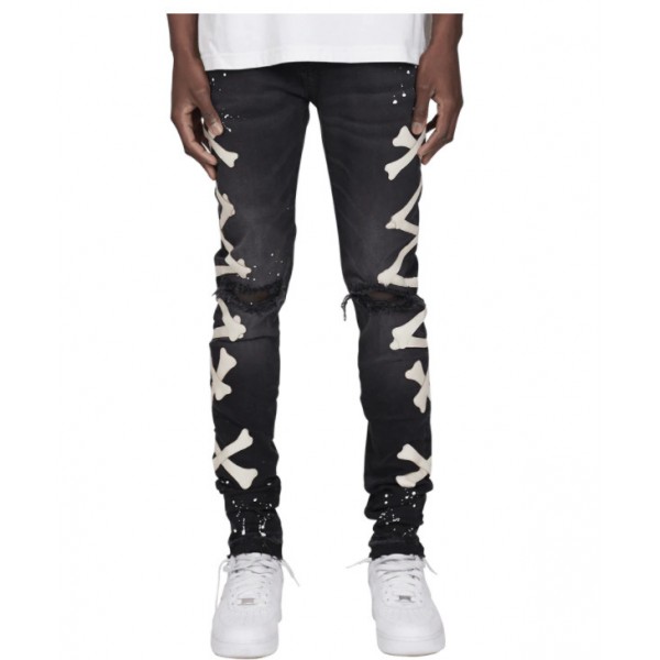Men Fashion Ripped Print Stretch Denim Jeans
